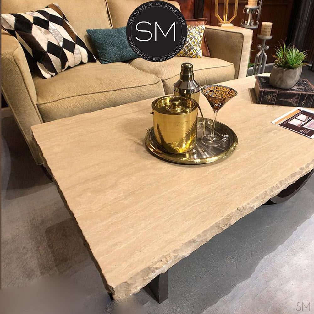 Contemporary Coffee Table Rectangular, Travertine Top and Metal Base - 1257 AA