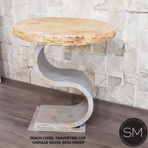 Contemporary End Table with Cream Travertine Top., Accent Ocassional Table - 1257 BB