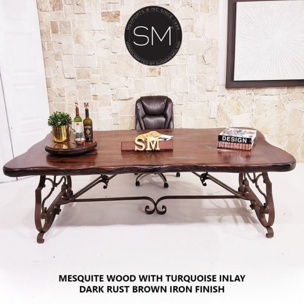 Executive Desk Mesquite Top | Turquoise Inlay Rectangular 1206 R - Mexports® Inc by Susana Molina