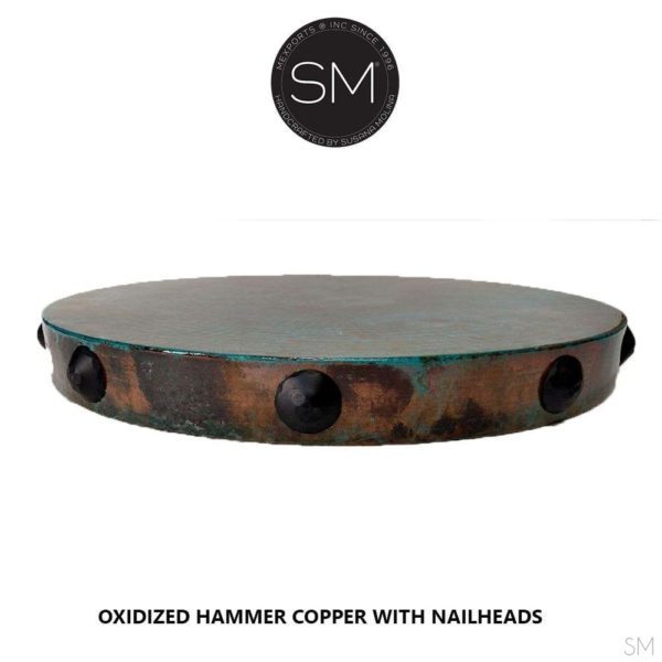 Rustic Coffee Table | Round | Hammered Copper Tob, Wrought Iron Base - 1239AAA