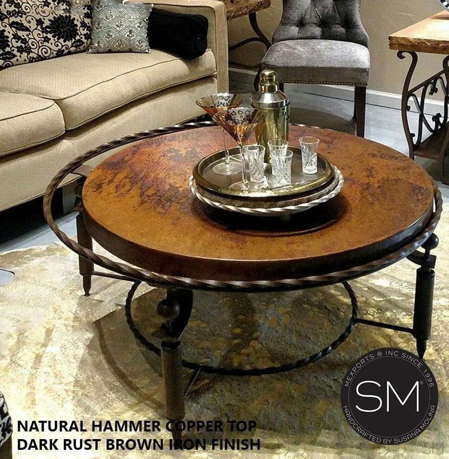 South Western Coffee Table- Hammered Copper Top, Wrought Iron Base-1265AAA