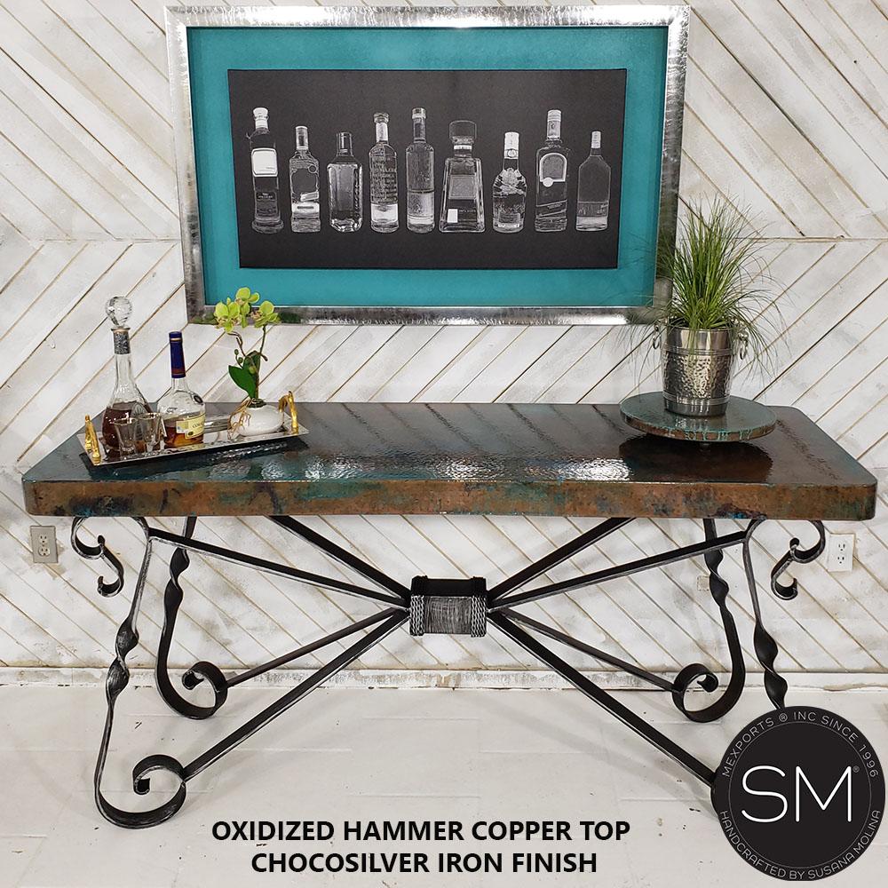 High End Foyer Western Entryway Table-Console Oxidized Hammer Copper Top