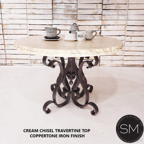 Outdoor Marble Dining Table - Cream Travertine Top & Iron Pedestal-1246D