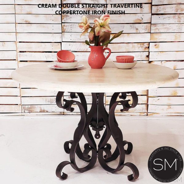 Outdoor Marble Dining Table - Cream Travertine Top & Iron Pedestal-1246D