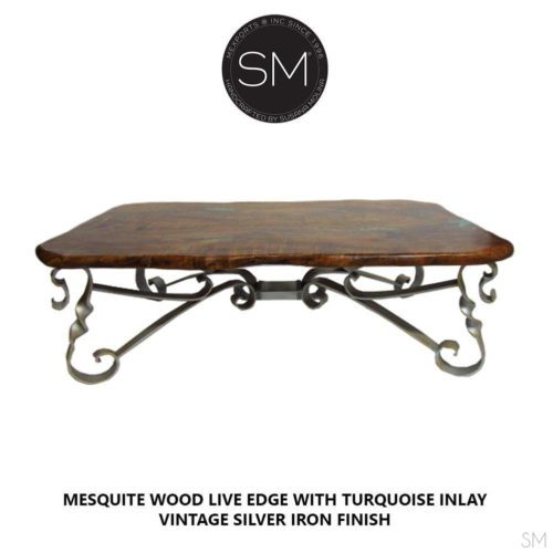 Live edge mesquite upscale living room coffee table with eclectic metal base-1212AA