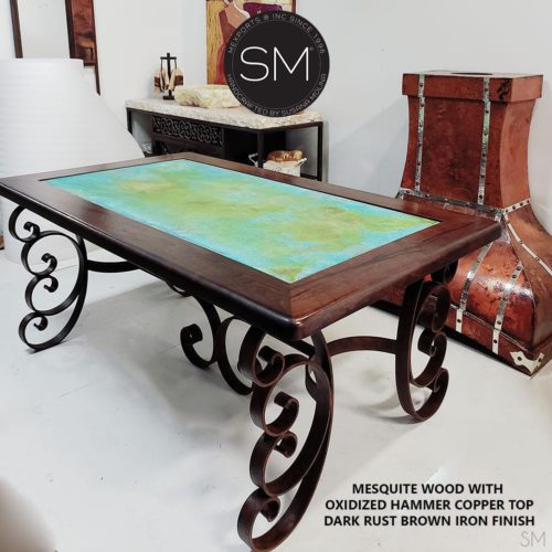 Modern Dining Table | Mesquite w/ Turquoise Inlay, Wrought Iron - 1247R
