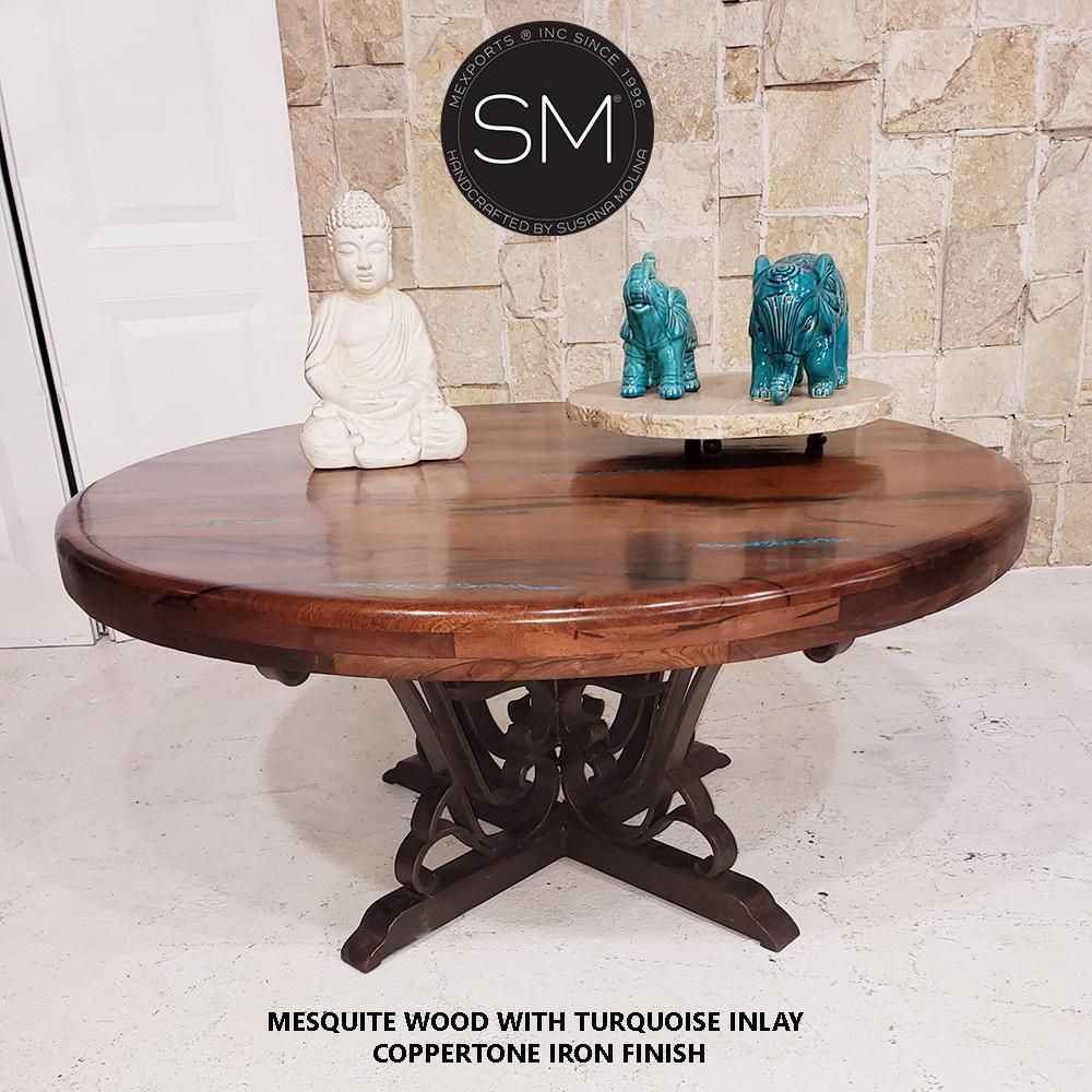 Mesquite wood Round Coffee Table =  iron base 1243 AAA