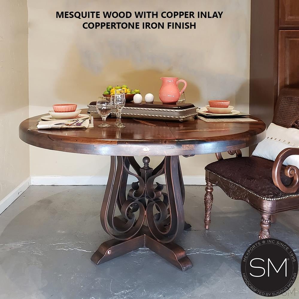 Luxurious Mesquite Wood Dining Table Wrought Iron Base - 1243D