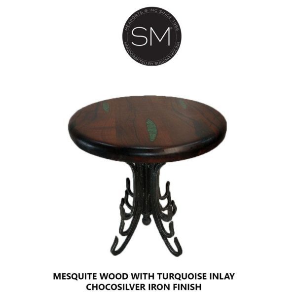 Side Table- Mesquite Wood, Wrought Iron Base -1245BB
