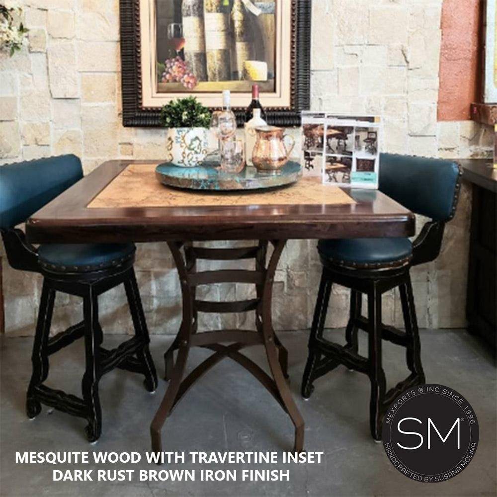 Square Bar Table Mesquite w/ Travertine Inset-1244E