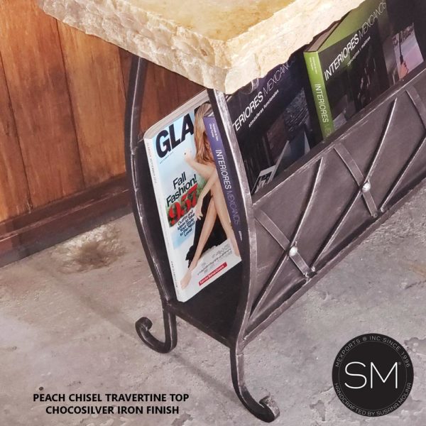 Modern Travertine Accent Table , Wrought Iron Base