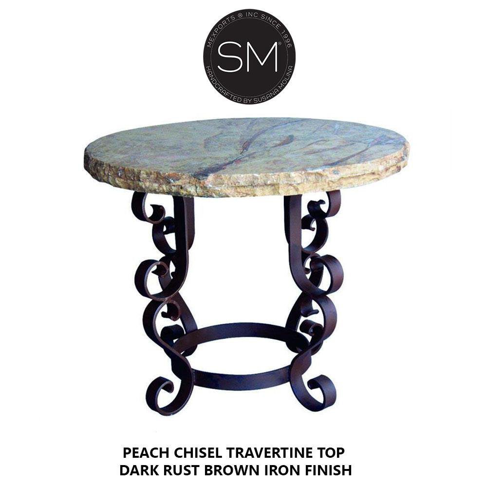 OUTDOOR PATIO Wrought Iron Table With Travertine Top , Occasional Table - 1237L