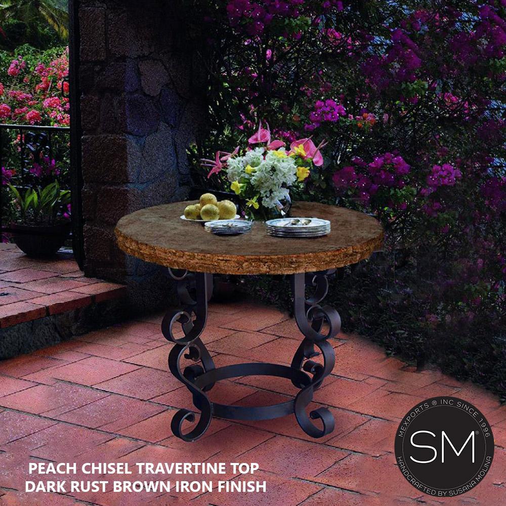 OUTDOOR PATIO Wrought Iron Table With Travertine Top , Occasional Table - 1237L