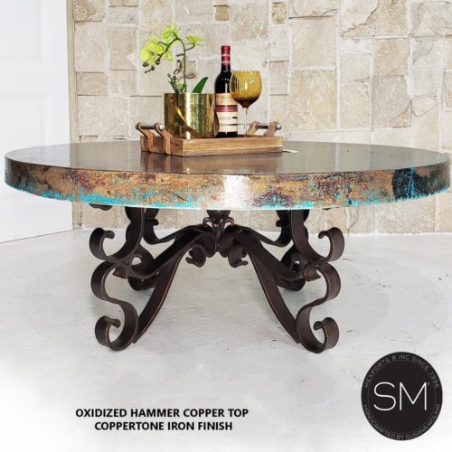 Rustic Coffee Table| Round| Hammered Copper, Wrought Iron Base - 1237 AAA