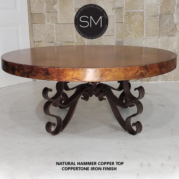Rustic Coffee Table| Round| Hammered Copper, Wrought Iron Base - 1237 AAA
