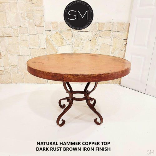 Rustic Dining Table Newfangled Round Natural Hammer Copper Top Iron Legs - 1239D