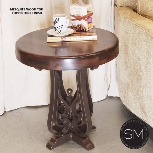 Side Table- Mesquite Wood, Wrought Iron Base - 1243BB