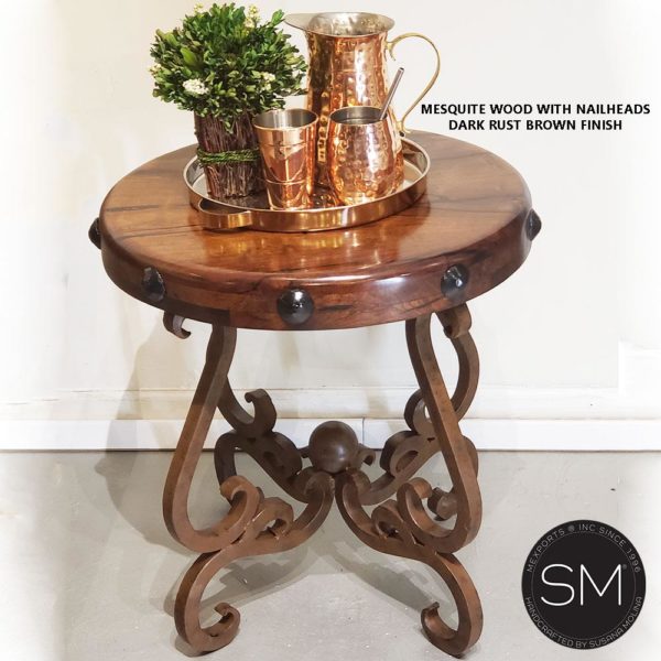 Small Ocassional Table-Mesquite Wood, Wrought Iron Base - 1240BB