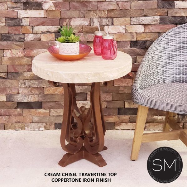 Small Occasional Table |  Patio Travertine Chiseled | Wrought Iron - 1243BB
