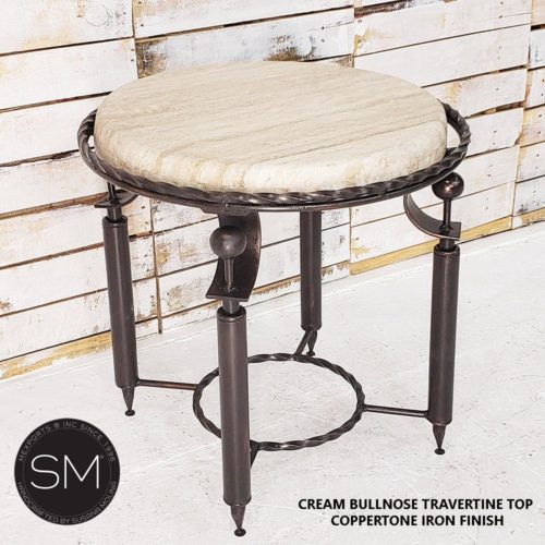 Small Occasional Table |  Patio Travertine Chiseled | Wrought Iron - 1265BB