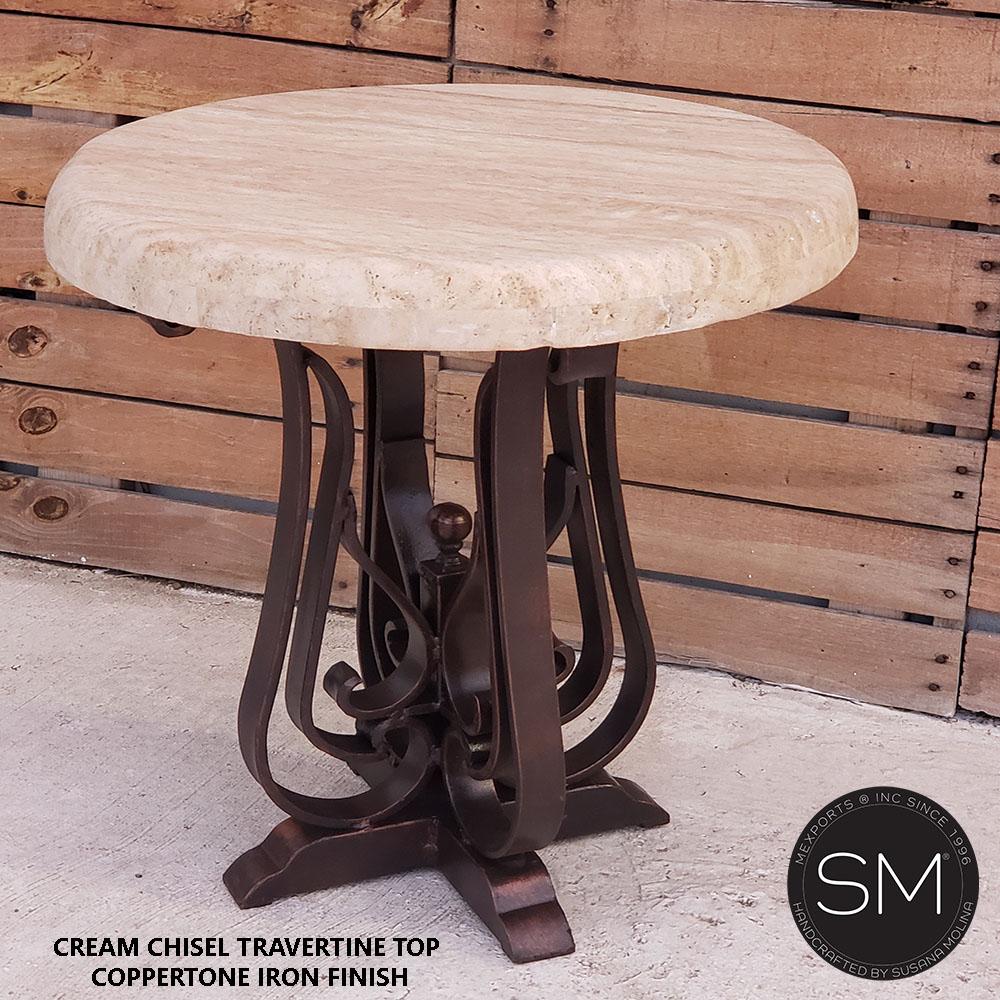 Small Occasional Table |  Patio Travertine Chiseled | Wrought Iron - 1243BB