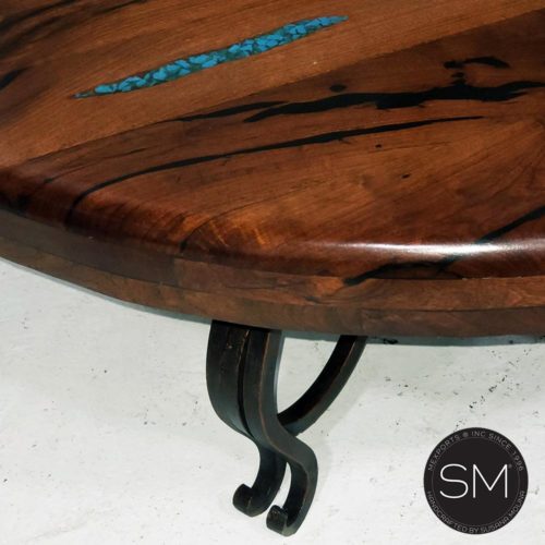 Solid Mesquite wood Round Coffee Table = Vintage iron base 1242 AAA