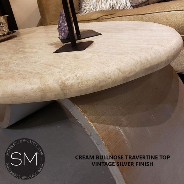 Designer Oval Rustic Coffee Tables Chic Intricate Cream Travertine Top- 1257 AA