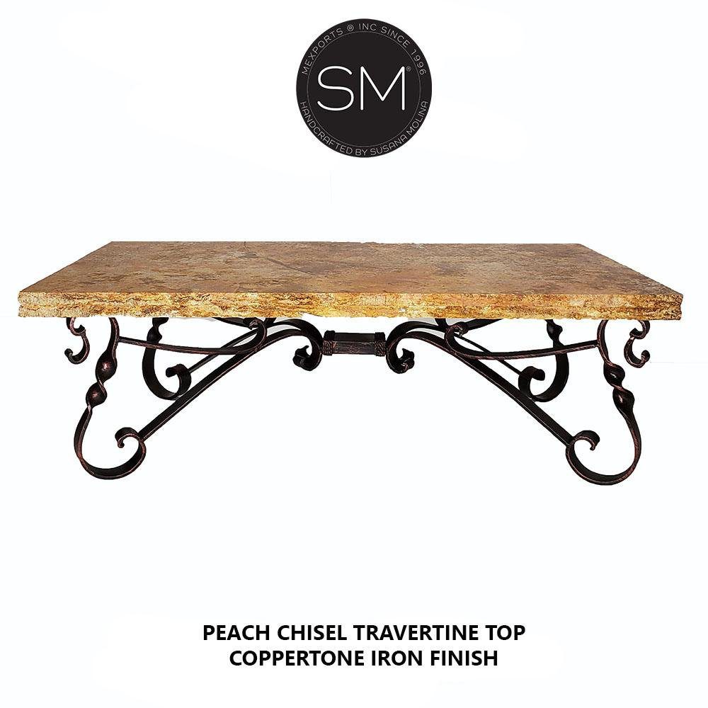 Chic Western Coffee Table Peach Travertine Top Scroll Legs- 1212 AA
