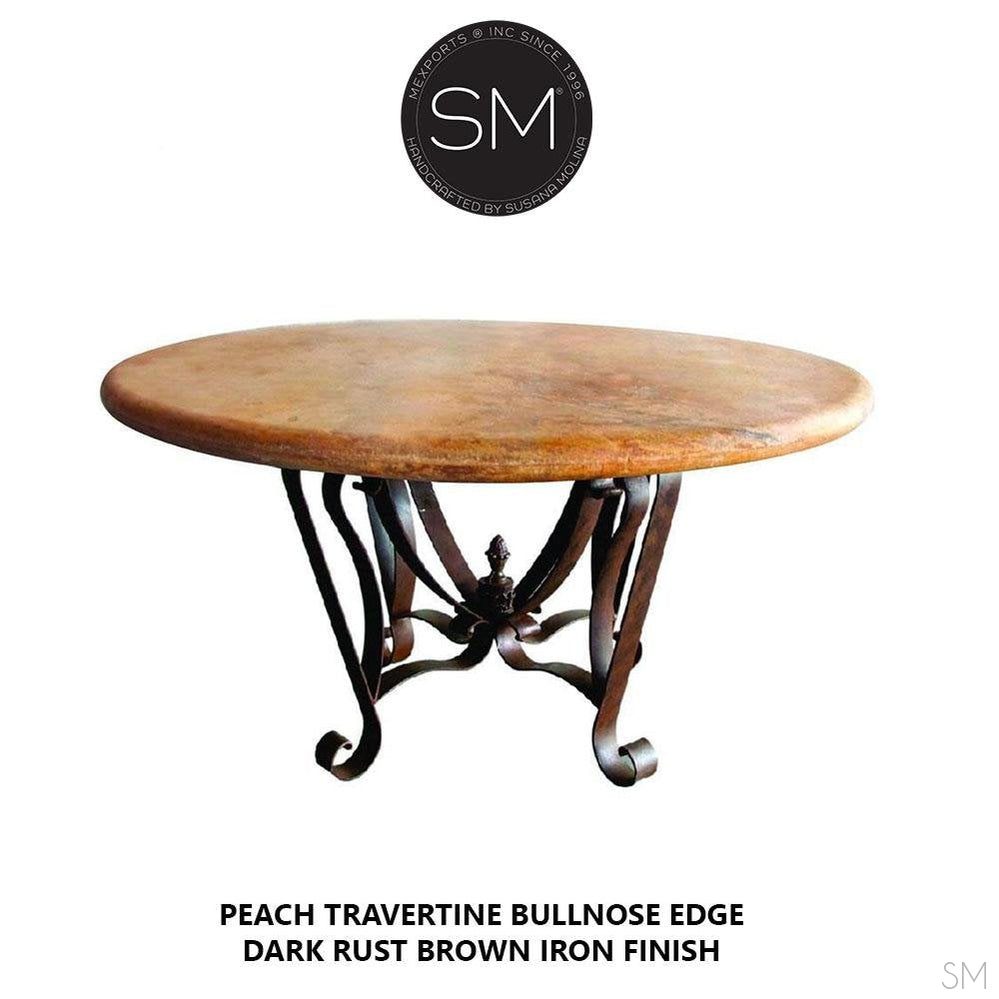 Western Chic Round Dining Table | Travertine | Wrought Iron Base-1229D
