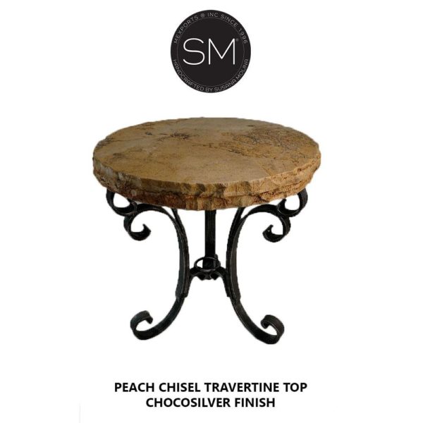 Modern Small Occasional Table | Natural Travertine | Wrought Iron Base - 1223BB