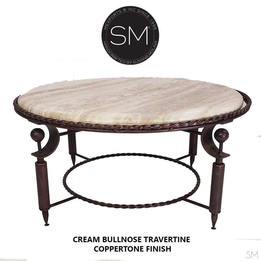 Travertine Table -Round Coffee  Contemporary Iron Table Base-1265AAA