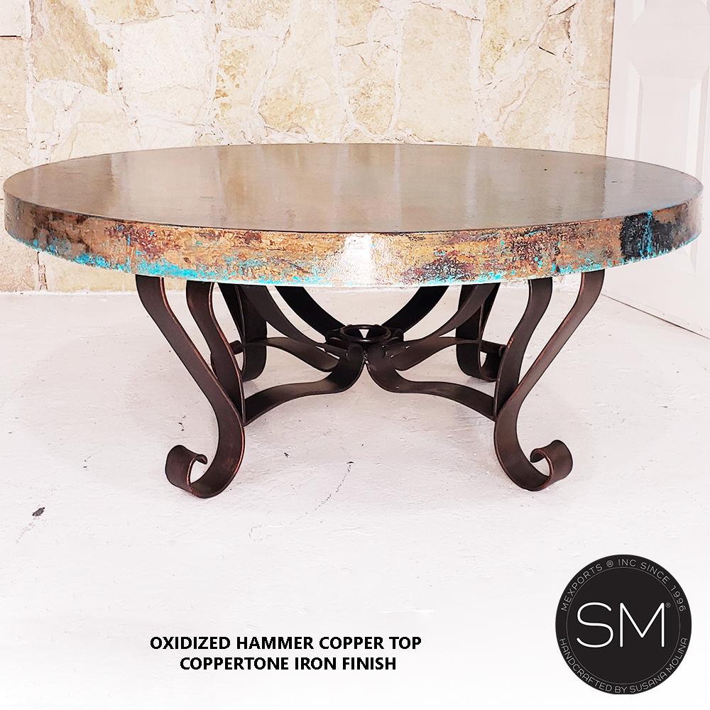 Unique Round Coffee Table- Hammered Copper Top w/ Wrought Iron Base 1229 AAA