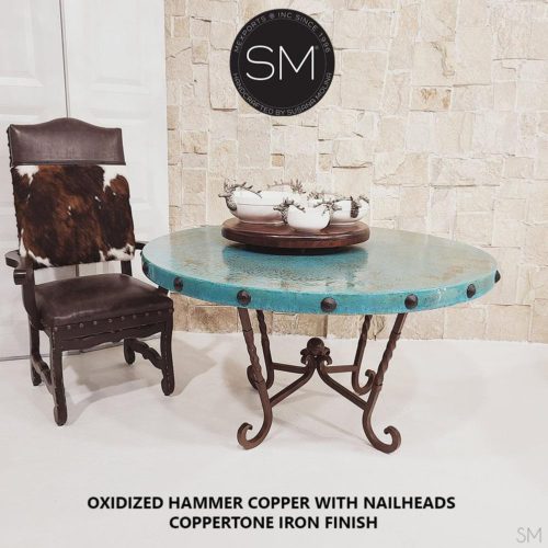 Turquoise Patina Dining Table Oxidized Hammer Copper Top w/ Nailheads - 1211D