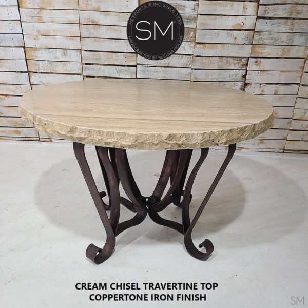 Western Chic Round Dining Table | Travertine | Wrought Iron Base-1229D