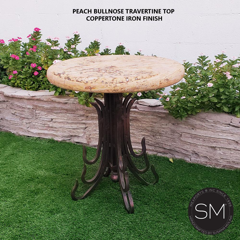 Western Small Occasional Table |  Patio Travertine Chiseled | Wrought Iron -1245BB