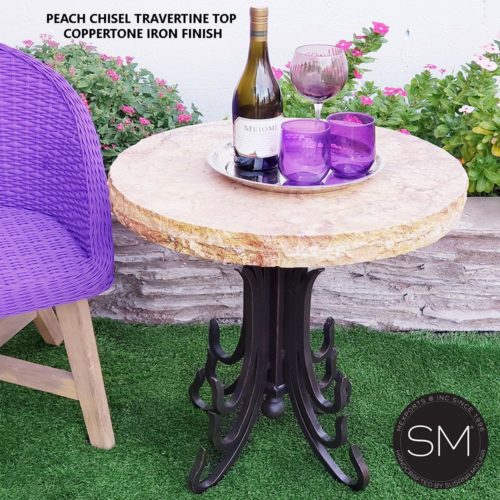 Western Small Occasional Table |  Patio Travertine Chiseled | Wrought Iron -1245BB