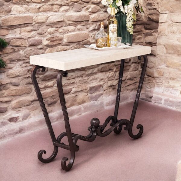 Outdoors Rectangular Sofa Table with Cream Travertine Stone Marble Top – Elegant & Weather-Resistant Design