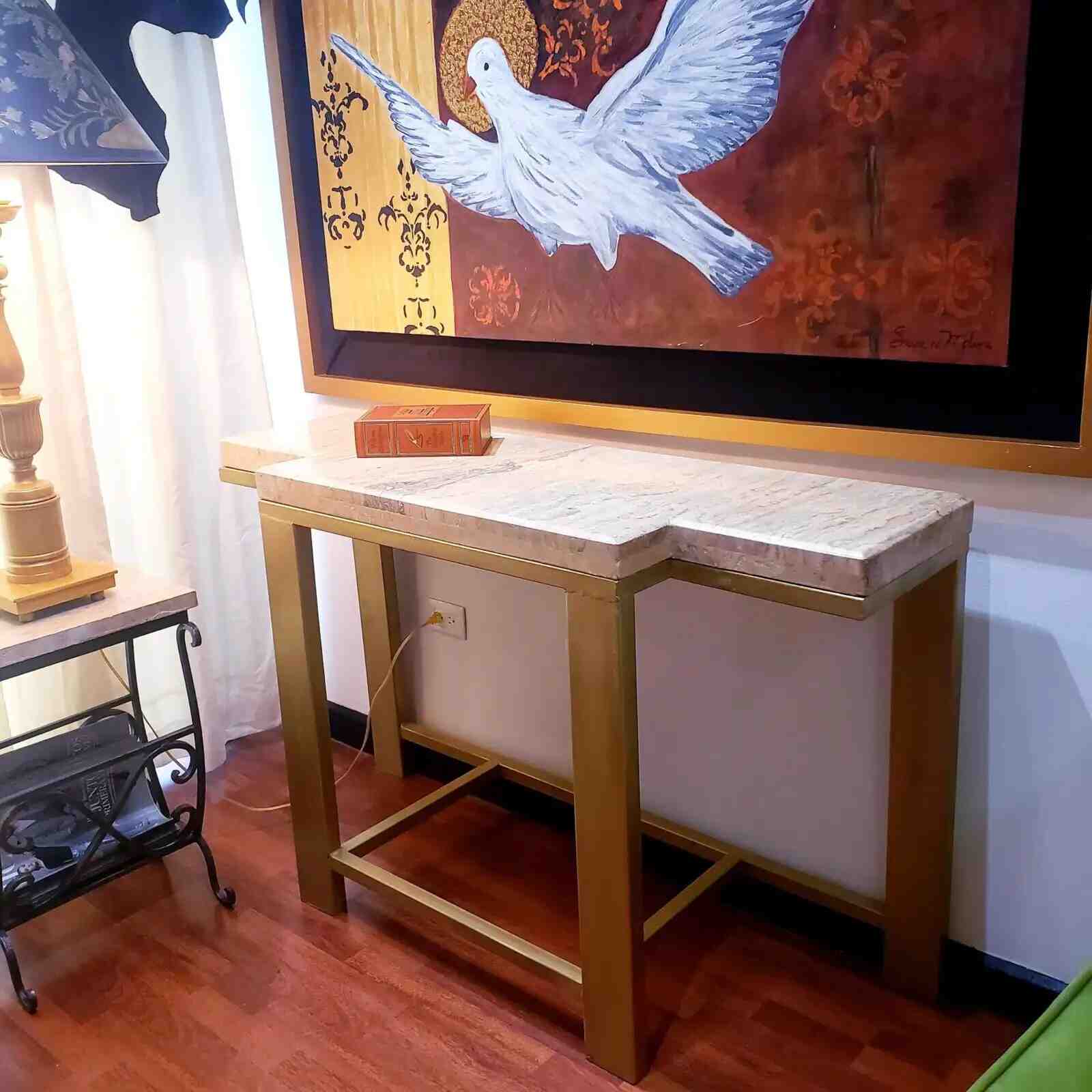 Contemporary Large Console with Cream Travertine Double Straight
