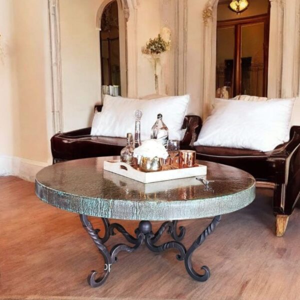 Rustic Round Coffee Table with Oxidized Hammered Copper Top