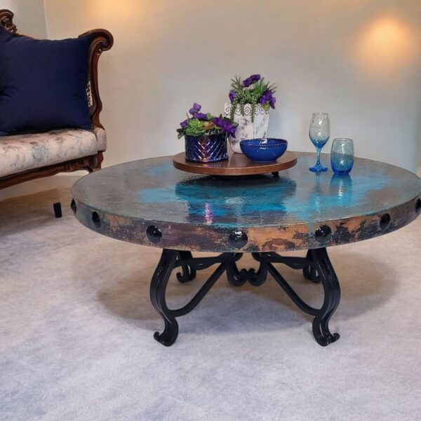 Luxury Round Coffee Table with Oxidized Hammered Copper and Wrought Iron