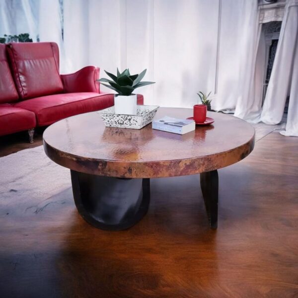 Contemporary Style Round Coffee Table with Hammered Copper Top