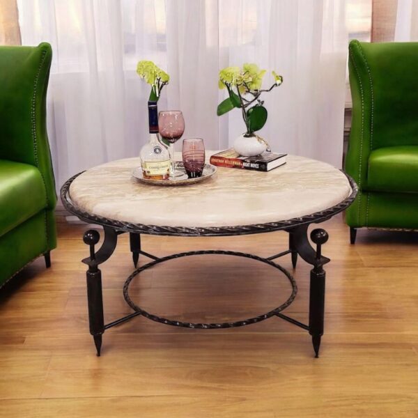 Contemporary Round Coffee Table with Cream Travertine Top