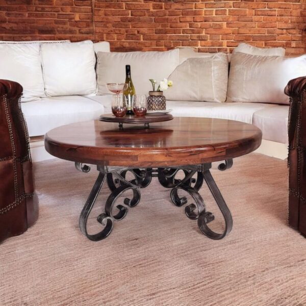 Turquoise Inlay Mesquite Wood Round Coffee Tables