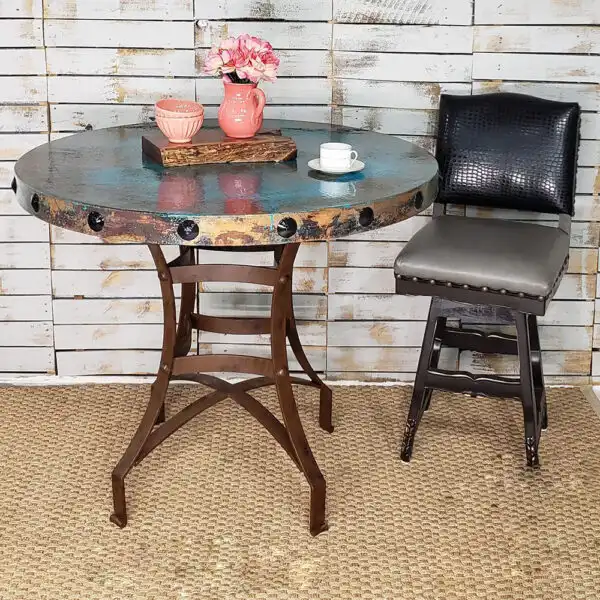 Rustic Ranch Round Bar Table with Hand-Hammered Oxidized Copper Top and Wrought Iron Base
