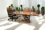 Rectangular Executive Desk with Mesquite Top and Turquoise Inlays -