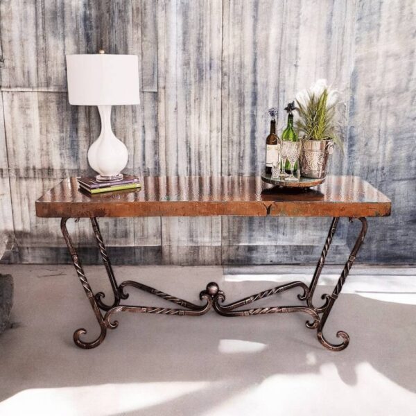 Luxury Natural Rectangular Console Table with Hammered Copper Top