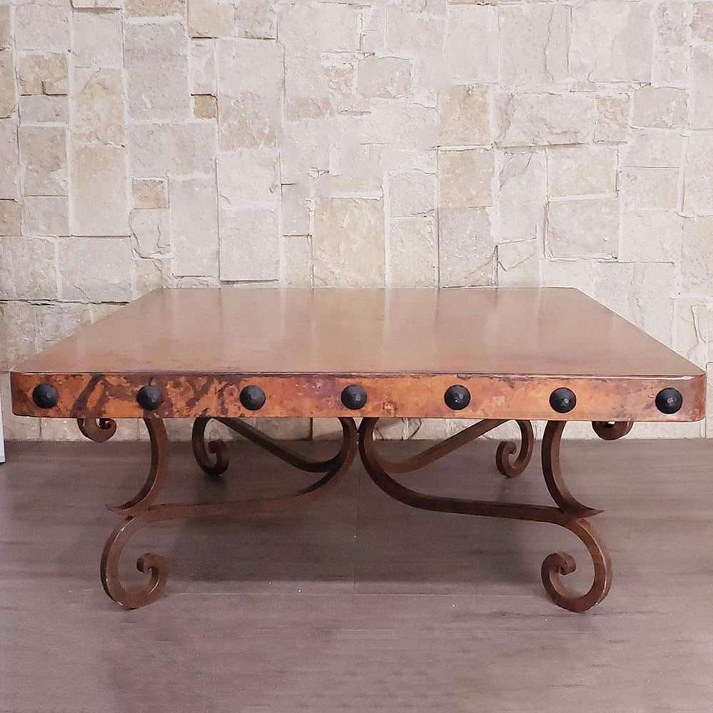 Rustic Ranch Round Bar Table with Hand-Hammered Natural Copper Top and Wrought Iron Base