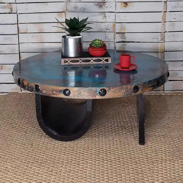 CONTEMPO Rectangular Coffee Table: Industrial Charm with a Hammered Metal Iron Base