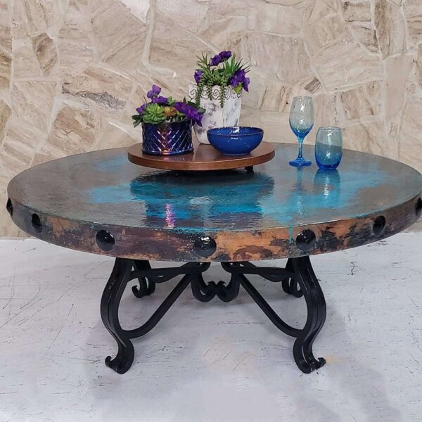 Luxury Round Coffee Table with Oxidized Hammered Copper and Wrought Iron