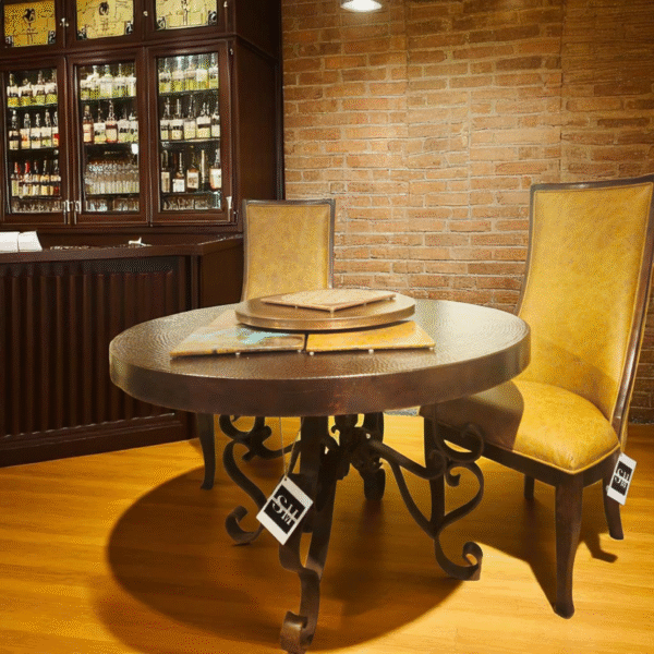 Round Hammered Copper Dining Table with Wrought Iron Base & Lazy Susan
